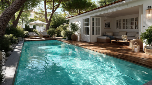 Terrasse ensoleillée avec piscine dans une maison côtière de style Arcachon