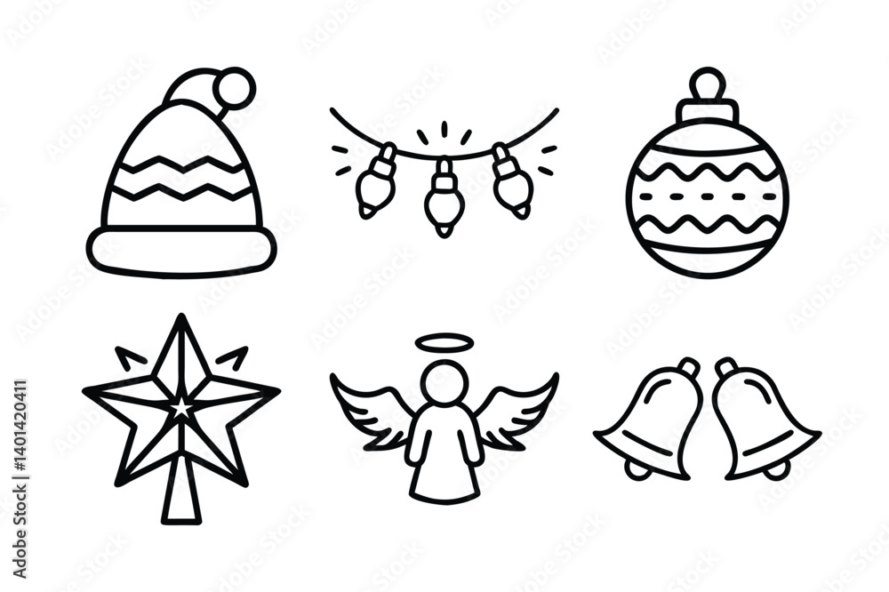 Christmas Elements Vector Line Drawing Set Isolated On A White Background Christmas Elements Vector Line Drawing Set Isolated On A White Background
