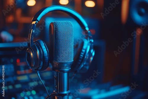 Audio recording studio with professional microphone and sound mixer. Sound recording equipment.