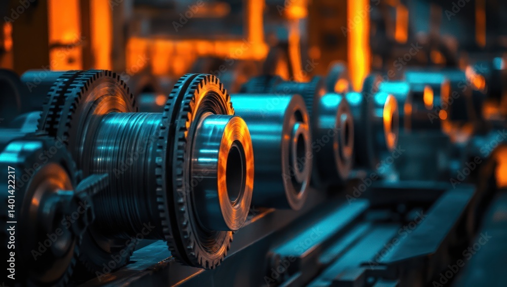 Fototapeta premium Metal parts on a conveyor belt in a factory with warm lighting.