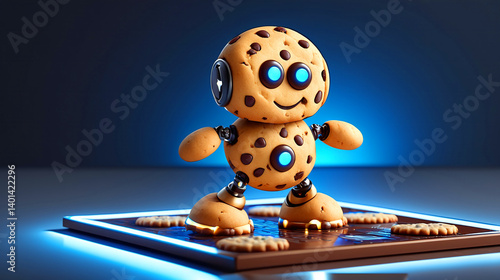 Adorable cookie robot with glowing blue eyes stands on a chocolate-colored platform surrounded by cookies. Sweet and playful 3D animation.