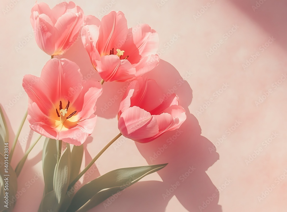 Beautiful pink tulip flowers on a pastel background with copy space for text, top view Beautiful pink tulip flowers on a pastel background with copy space for text, top view