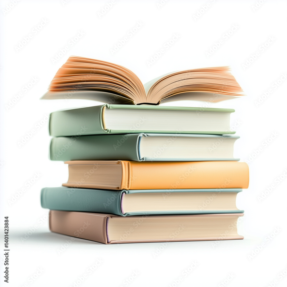 Stacked books with an open book on top against a white background Stacked books with an open book on top against a white background
