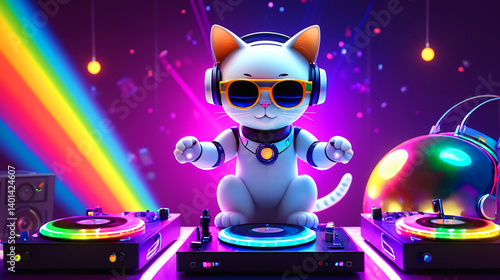 Cool robotic cat DJ spinning tunes under vibrant rainbow lights.  A fun, colorful, and energetic scene.