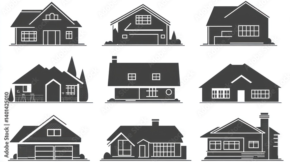 Fototapeta premium Nine Silhouetted Illustrations Depicting Different House Architectural Designs