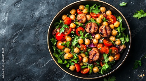 A top view of a vegetable salad with chickpeas, tomatoes, and sausages, arranged beautifully on a dark background, leaving plenty of room for text