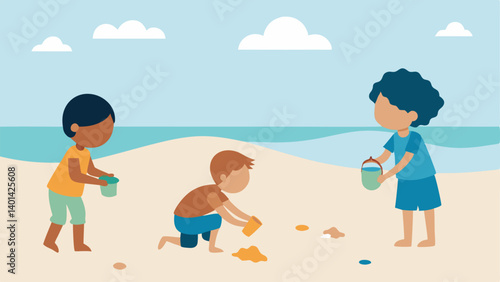 Kids Playing in the Sand Children playing at the beach with a visual detail of microplastics found within the sand showing potential ingestion through play and food.