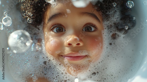 Child's happy face in a bubbly bath