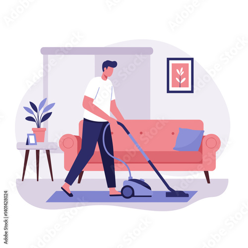 Man vacuuming living room carpet in a modern, cozy interior  