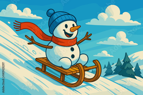 Snowman joyfully sledding downhill against a winter sky  