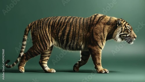 Realistic side view of a tiger walking gracefully against a dark green backdrop