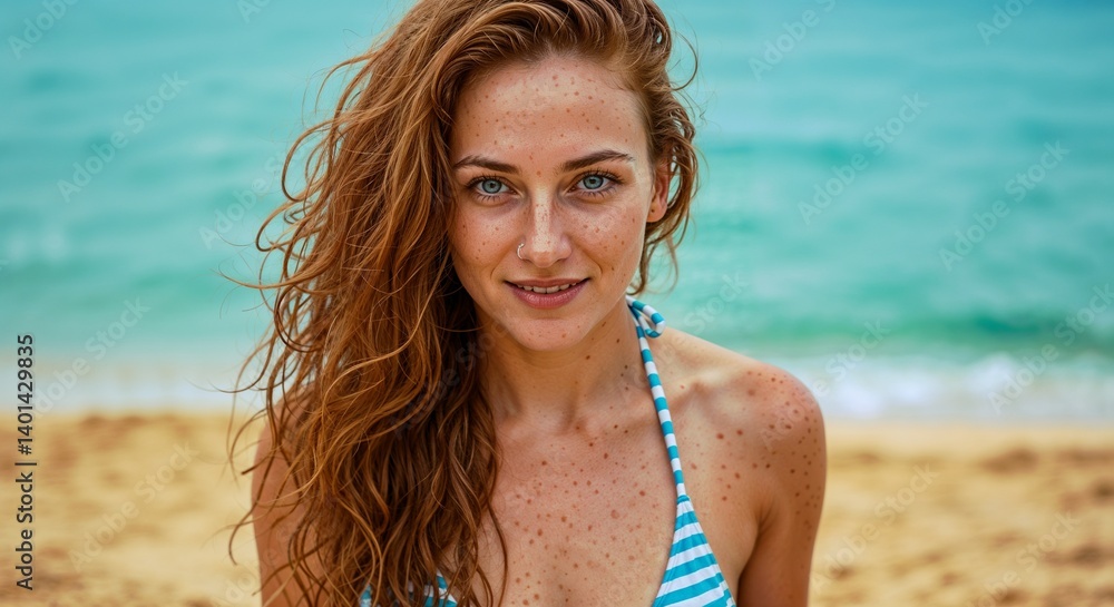 Young woman smiling on the beach with turquoise ocean background Young woman smiling on the beach with turquoise ocean background