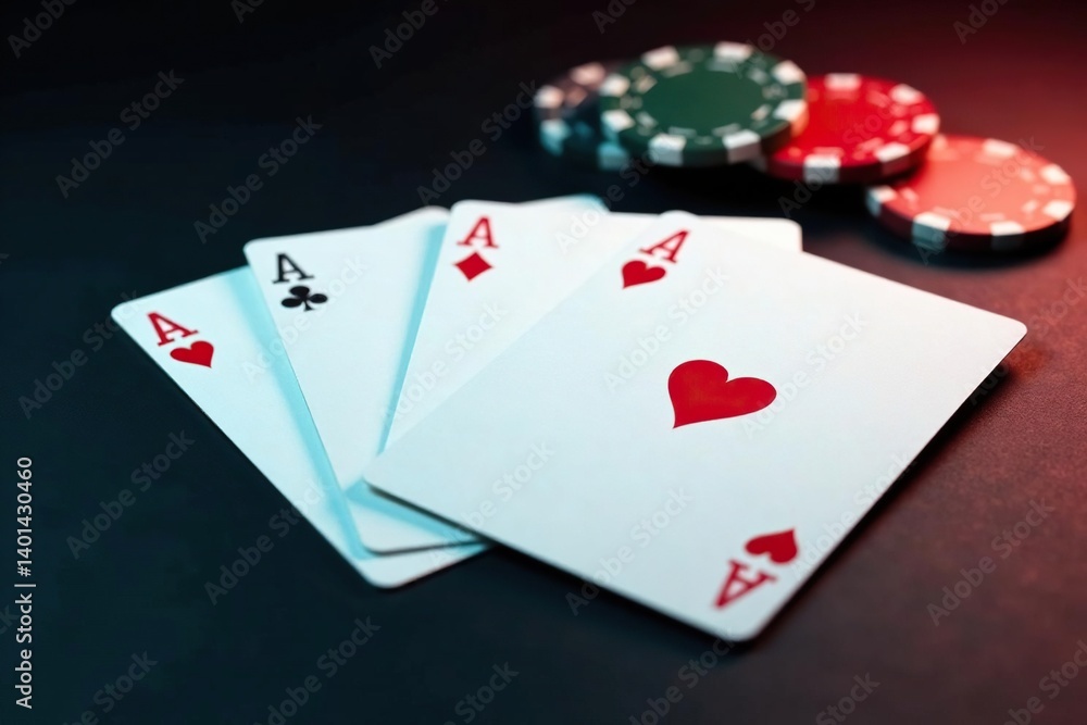 Four aces spread on a surface, showcasing a classic poker hand , flatlay, surface, win Four aces spread on a surface, showcasing a classic poker hand , flatlay, surface, win