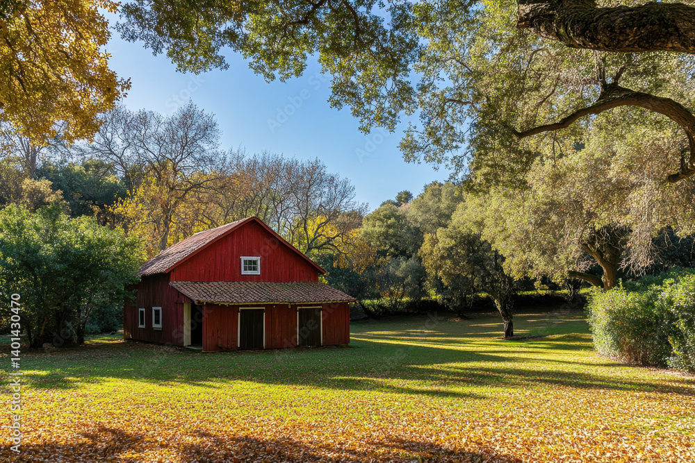 Obraz premium A red barn nestled among vibrant autumn trees and fallen leaves.