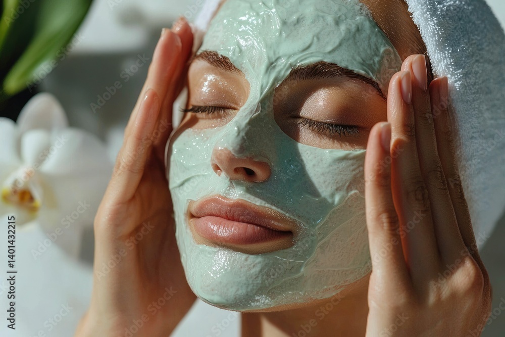 Fototapeta premium Woman applying a relaxing and rejuvenating face mask for skincare.