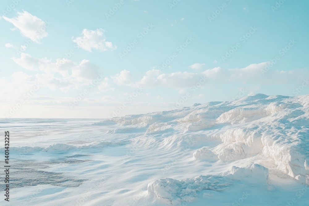 Fototapeta premium A serene winter landscape of frosted terrain under a pale sky.