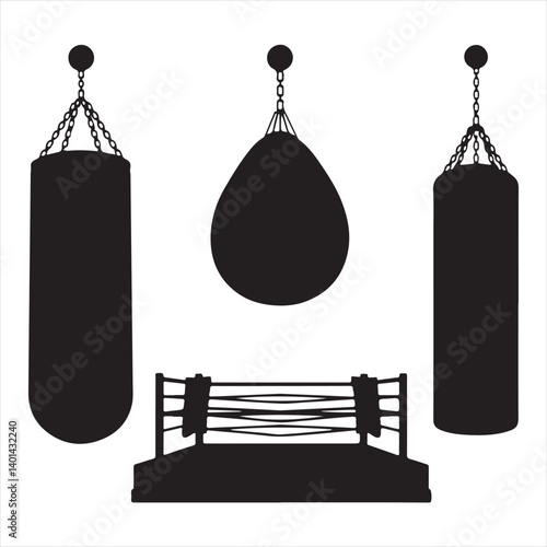 Black Silhouette of Boxing Ring and Bag Set on White Background – Combat Sports Illustration

