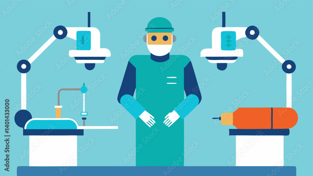 Precision Surgery Setup An operating room scene featuring a patient on a surgical table with hightech robotic arms hovering above. The robotic hands are poised to make an incision