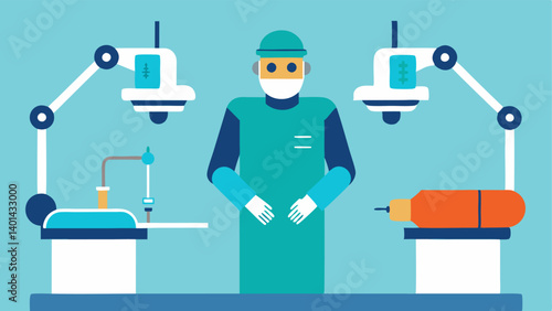 Precision Surgery Setup An operating room scene featuring a patient on a surgical table with hightech robotic arms hovering above. The robotic hands are poised to make an incision