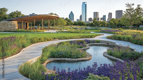 Serene Dallas Skyline Vista: Klyde Warren Park's Tranquil Waterscape