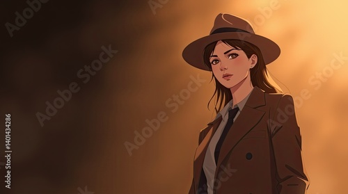 Wallpaper Mural A detective exudes confidence while posing in a tan coat and wide brimmed hat with a warm glow enhancing the mysterious evening atmosphere Torontodigital.ca