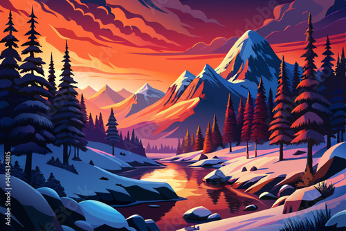 Mountain peak view landscape with sunrise soft light and river. vector illustration background, winter valley at golden hour with pine trees