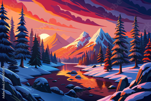 Mountain peak view landscape with sunrise soft light and river. vector illustration background, winter valley at golden hour with pine trees