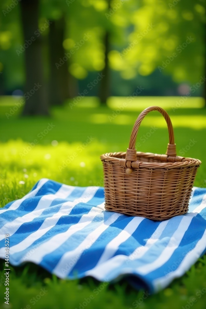 Striped blue picnic blanket, woven basket, sunny park setting, sunshine, blanket Striped blue picnic blanket, woven basket, sunny park setting, sunshine, blanket
