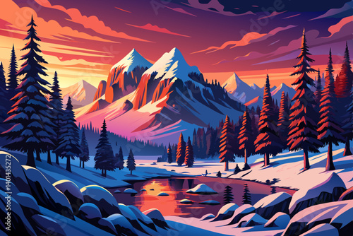 Mountain peak view landscape with sunrise soft light and river. vector illustration background, winter valley at golden hour with pine trees