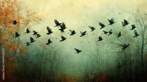 Autumnal Flight: A Flock of Birds in a Misty Forest