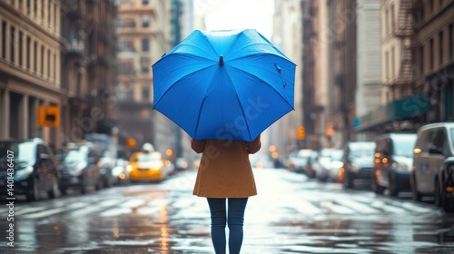A lonely woman holding a big blue umbrella in the middle of a city street, creating a sense of solitude and calm amidst the bustling surroundings.