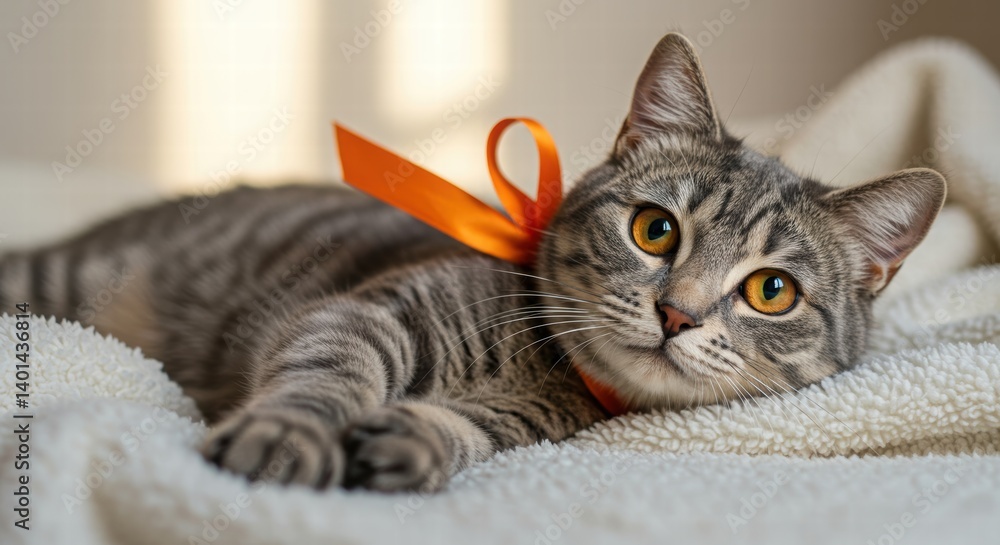 Resting Cat with Ribbon Relaxing on Soft Blanket Resting Cat with Ribbon Relaxing on Soft Blanket