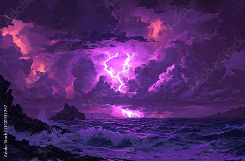 A vibrant purple storm erupts over a rocky coastline.