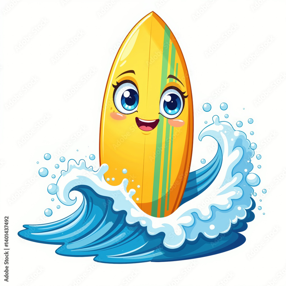 A cheerful surfboard with big blue eyes and a smiling face is playfully riding a wave in this illustration on a white background.