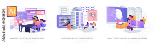 AI and Smart Tech Optimizing Workspaces abstract concept vector illustrations.