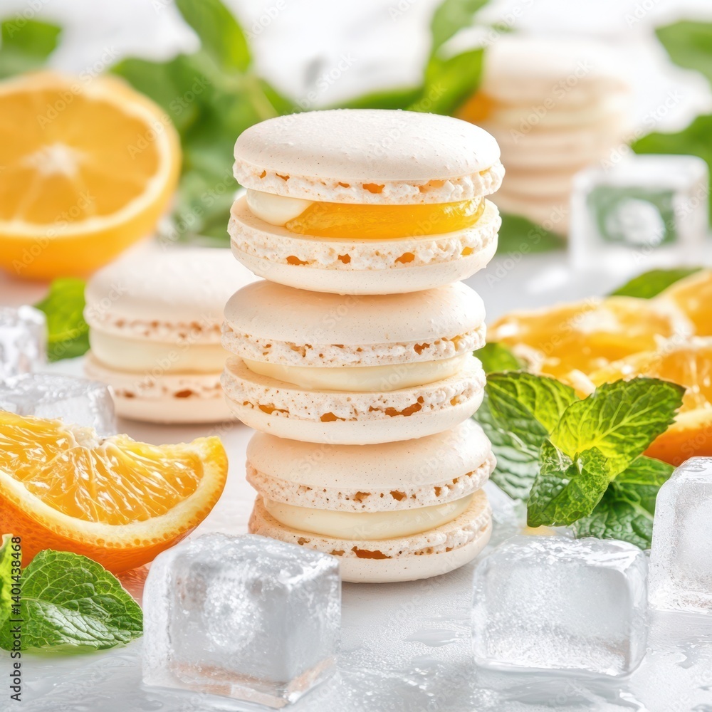 Macarons, Citrus, and Refreshment: A beautifully arranged stack of delectable macarons, intermingled with slices of vibrant orange, refreshing ice cubes, and fragrant mint leaves. Macarons, Citrus, and Refreshment: A beautifully arranged stack of delectable macarons, intermingled with slices of vibrant orange, refreshing ice cubes, and fragrant mint leaves.