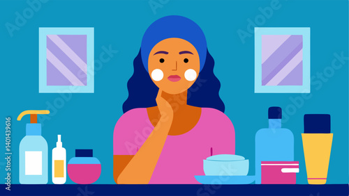 Skincare Routine A bathroom scene featuring a woman applying moisturizer while wearing an infrared face mask surrounded by skincare products.