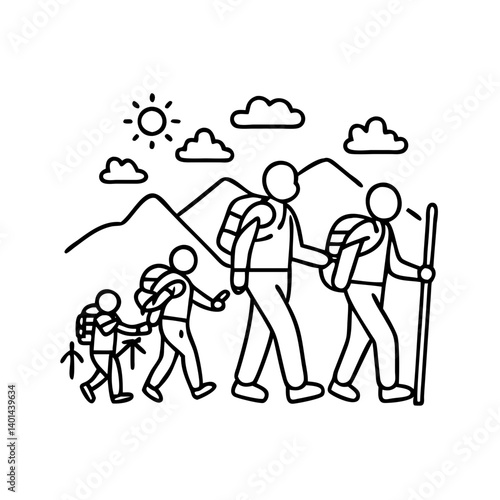 family hiking icon, family hiking line art - simple line art of family hiking, perfect for family hiking logos and icons