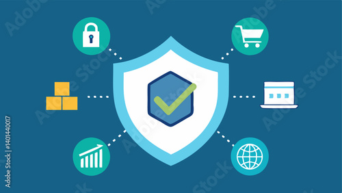 Fraud Prevention Shield A shield icon with a checkmark surrounded by icons representing various supply chain components raw materials production retail to emphasize security and