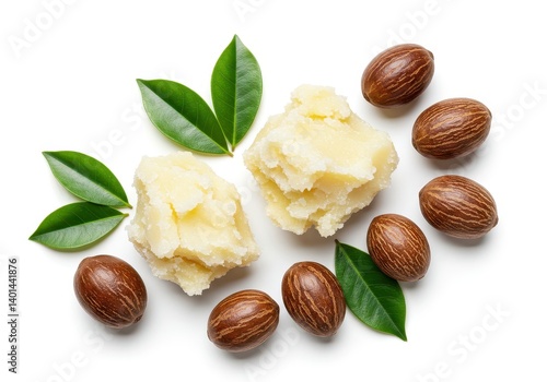 Whole shea nuts with creamy shea butter and green leaves on a minimal white background in bright lighting