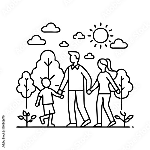family walking in park icon, family walking in park line art - simple line art of family walking in park, perfect for family walking in park logos and icons