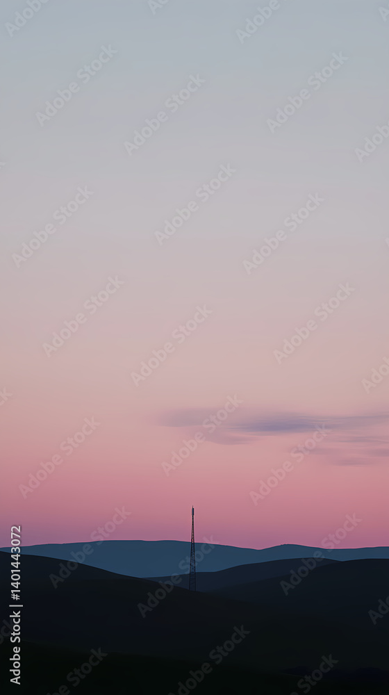 Telecommunication tower emerging from rolling hills at sunset Telecommunication tower emerging from rolling hills at sunset