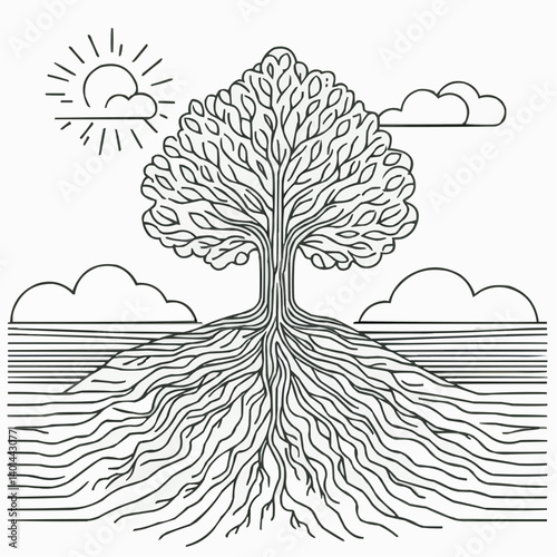 Elegant tree with detailed roots and branches, symbolizing growth and nature’s beauty