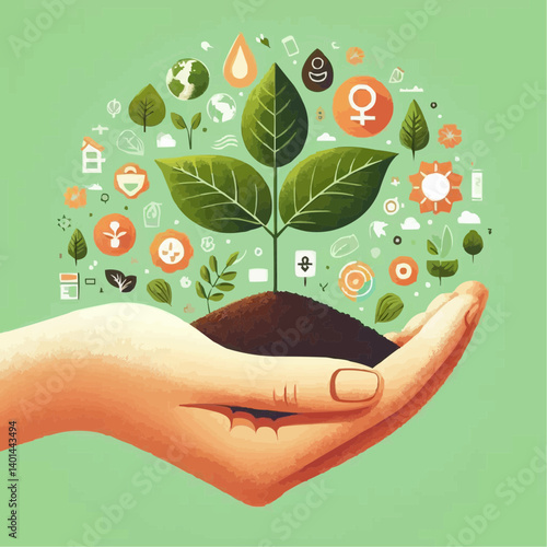 Hand holding a small plant surrounded by environmental icons, symbolizing sustainability and care
