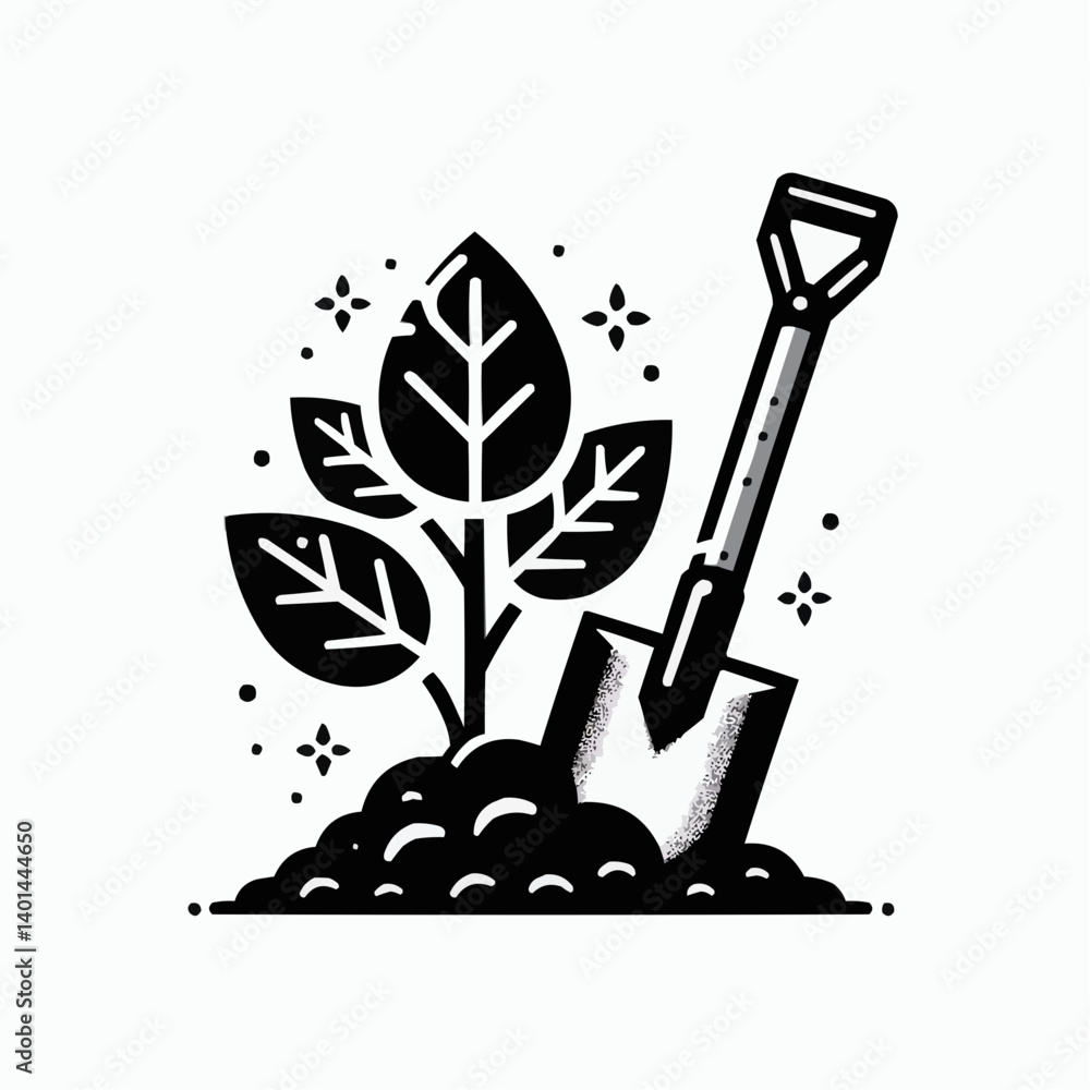 Shovel digging in the soil with a plant for gardening and agricultural growth concepts