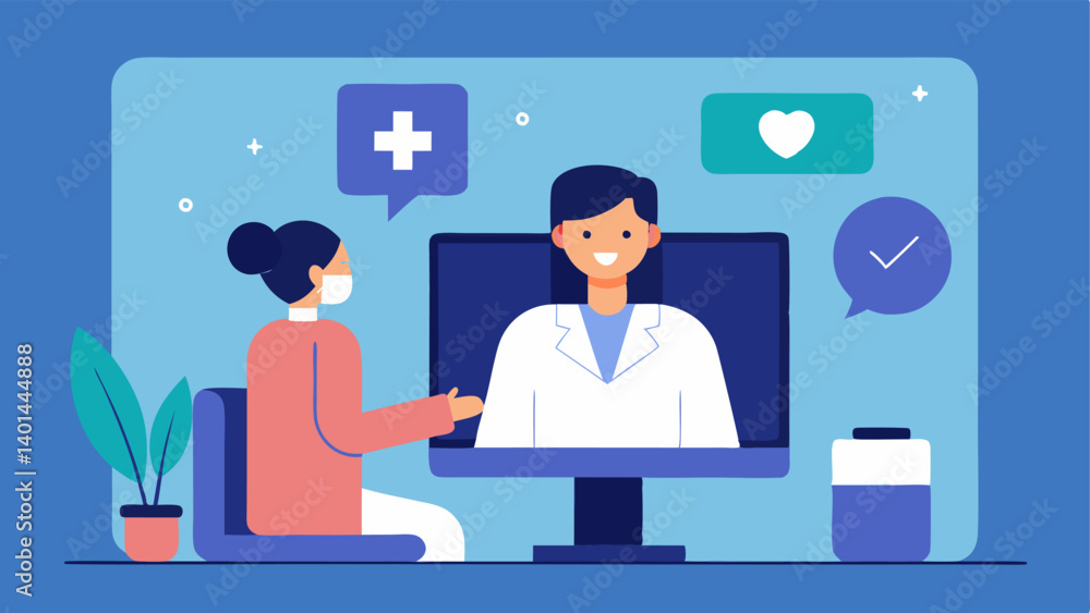 Telemedicine Consultation A doctor conducting a telemedicine consultation via a large screen in the lab providing remote wellness advice to patients. Telemedicine Consultation A doctor conducting a telemedicine consultation via a large screen in the lab providing remote wellness advice to patients.