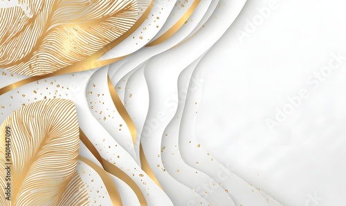 Abstract white background with golden accents and decorative elements on the left side of the frame