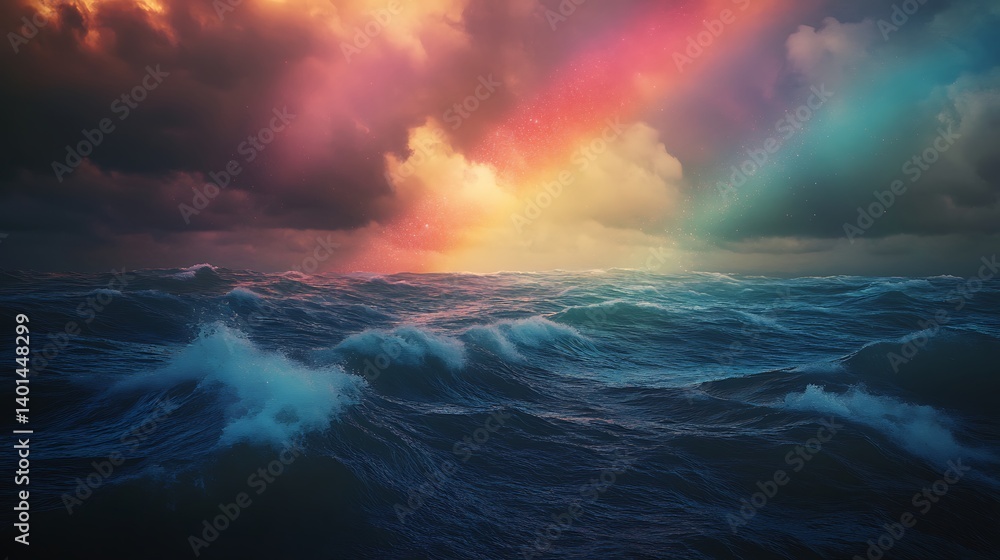 Obraz premium 3D illustration of a sea with waves and light rays in the background