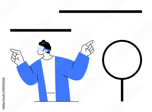 Fotografía Person immersed in virtual reality wearing goggles with outstretched arms, pointing at abstract elements