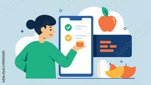 Nutrition Database An image of a user browsing a nutritional database on their app examining various food items with detailed nutrition facts visible on the screen.
